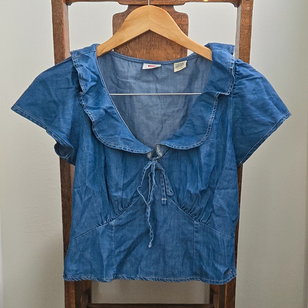 Levi's medium wash denim blue Mylene slim fit blouse with feminine ruffles